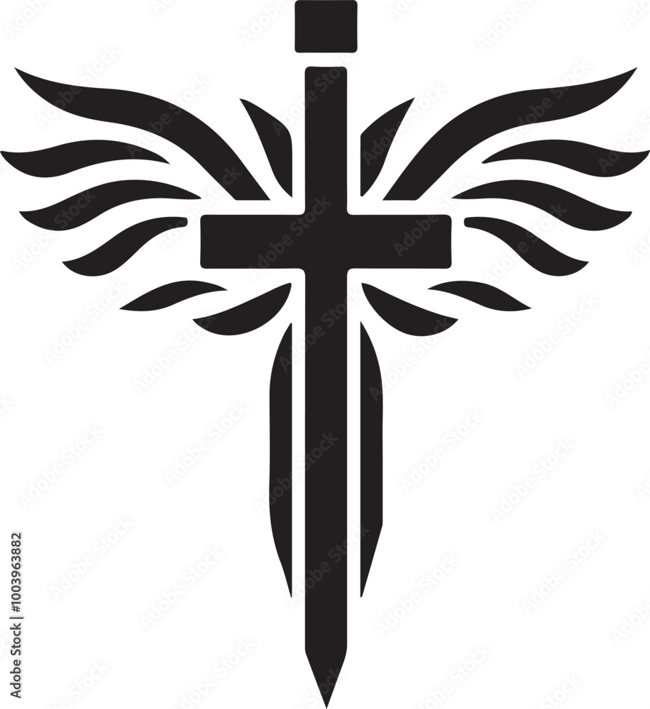 Obraz premium Black and White Logo Featuring a Cross with Winged Design