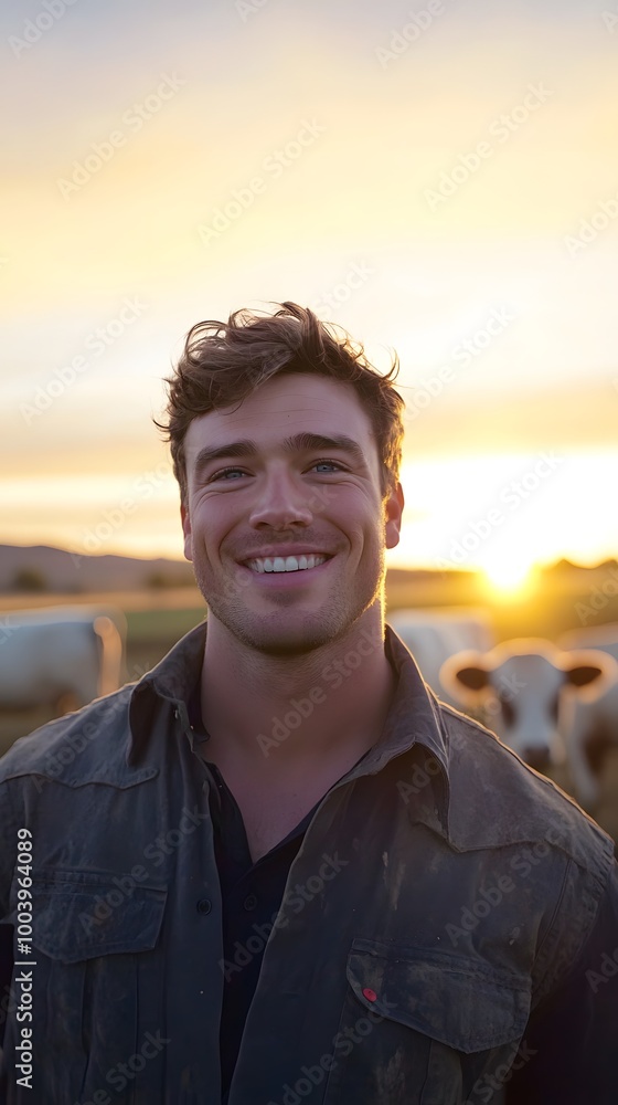 Attractive man in his thirties, smiling and standing on a farm with cows behind him Attractive man in his thirties, smiling and standing on a farm with cows behind him