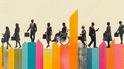 A group of business individuals, both men and women, diverse and creative design with collage showing success