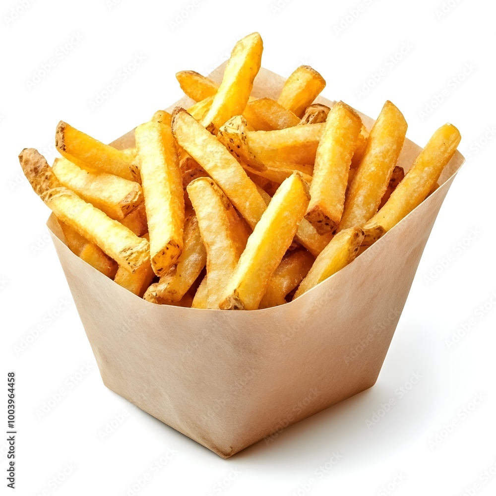 Crisp and Golden French Fries Presented in a Simple Takeout Container on a Minimalistic White Background Crisp and Golden French Fries Presented in a Simple Takeout Container on a Minimalistic White Background