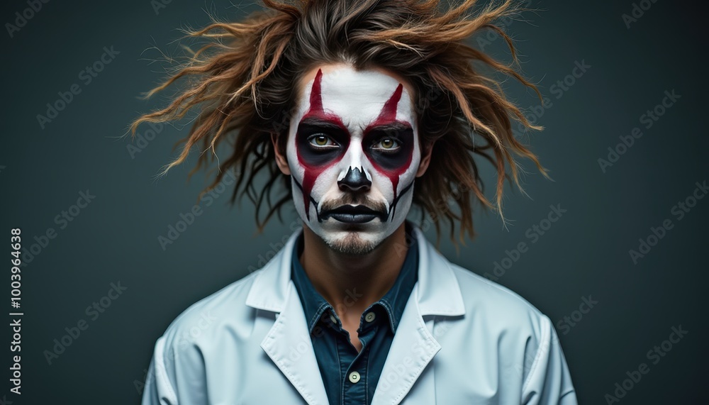 A person dressed as a mad scientist with a DIY lab coat crazy hair and face paint with dark circles around the eyes and lightning bolts. A person dressed as a mad scientist with a DIY lab coat crazy hair and face paint with dark circles around the eyes and lightning bolts.