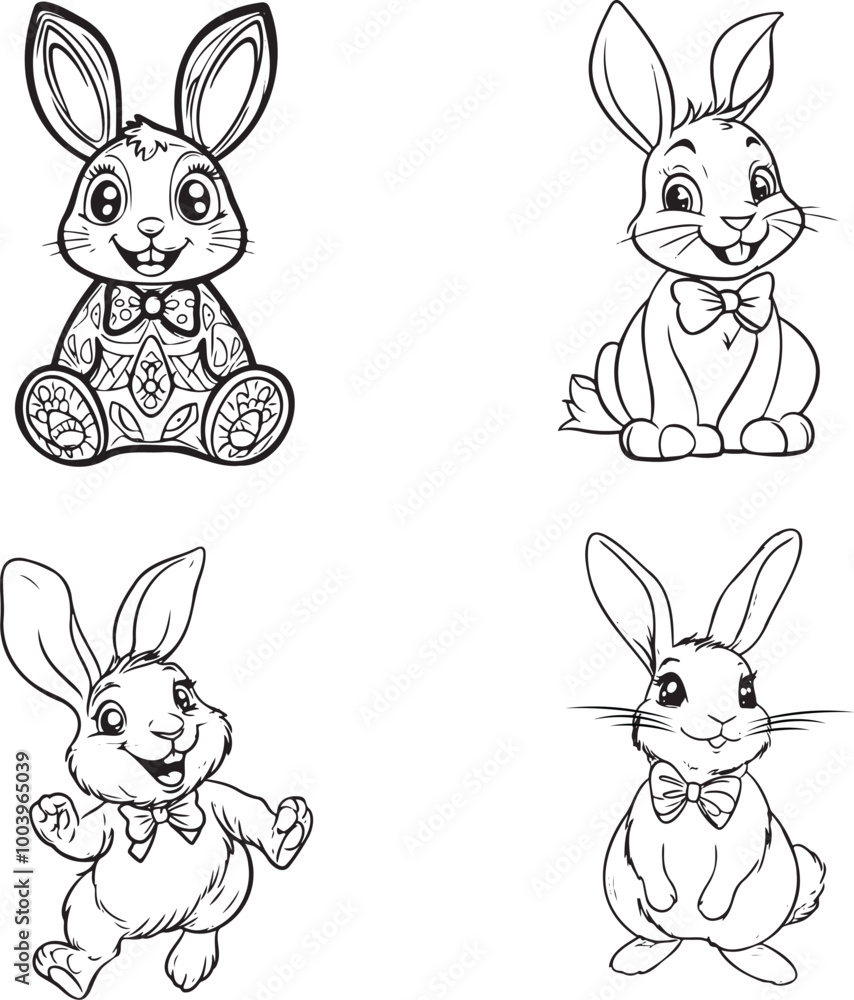 Fototapeta premium Cute Bow-Tie Bunnies in Black and White Illustration