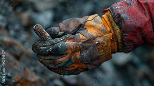 Wallpaper Mural Close-up of a worker's gloved hand holding a metal bolt in an industrial setting, showcasing the rugged nature of manual labor and machinery. Torontodigital.ca
