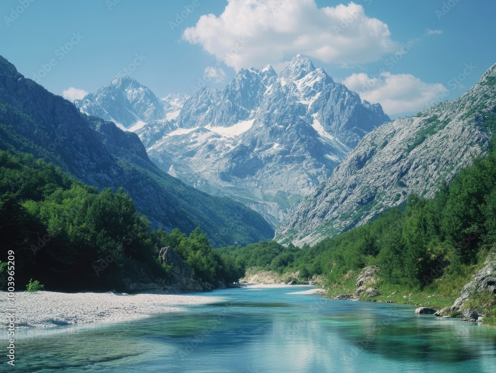 Mountain river, clear blue water, green lush vegetation, tranquil scene, hiking destination, travel spot, natural wonder Mountain river, clear blue water, green lush vegetation, tranquil scene, hiking destination, travel spot, natural wonder