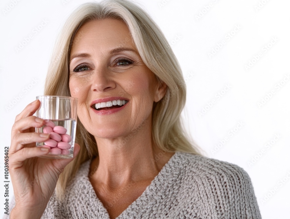 A happy and content older woman taking her medicine, symbolizing health and well-being. A happy and content older woman taking her medicine, symbolizing health and well-being.