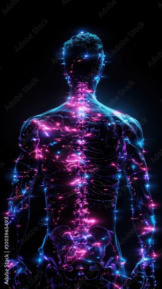 Human back with pain in the spine area, an x-ray glowing on a black background
