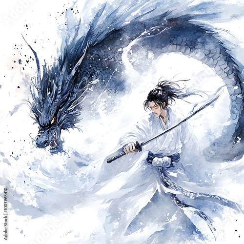 Watercolor Illustration of a Samurai Warrior Facing a Dragon.