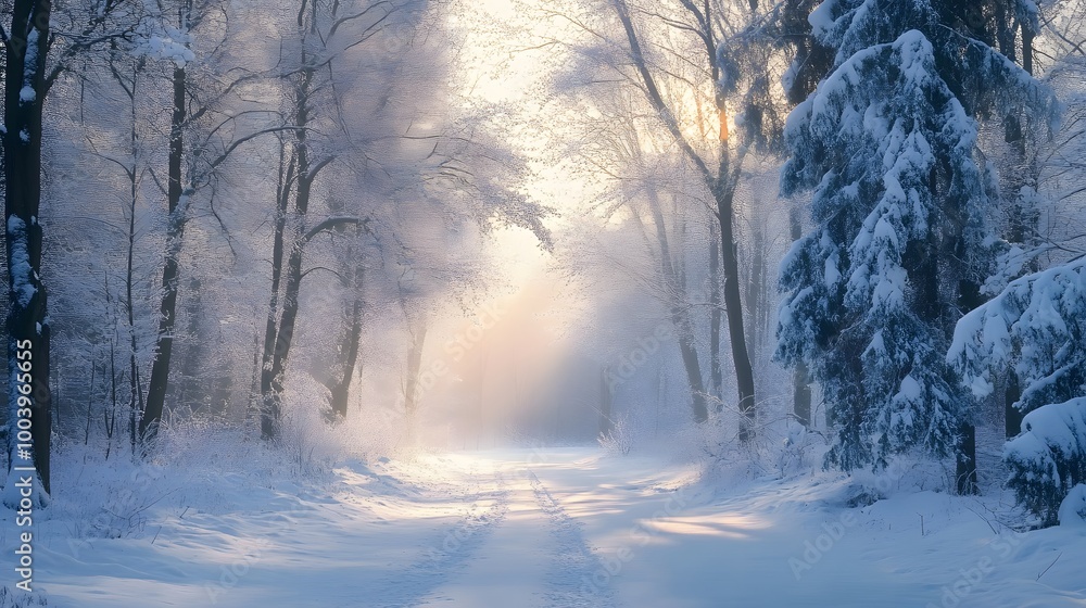 Sunbeams Through a Snowy Forest Path Sunbeams Through a Snowy Forest Path