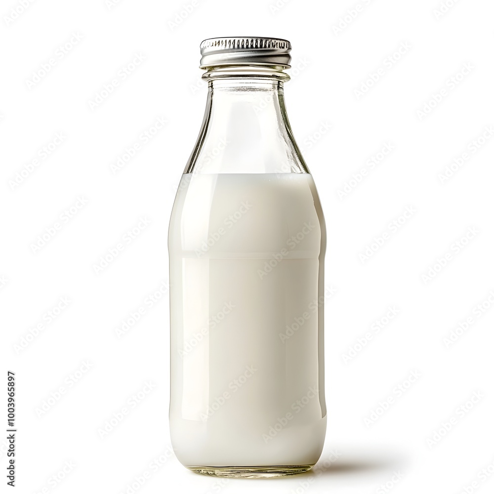 Glass Milk Bottle with Metal Cap on White Background Glass Milk Bottle with Metal Cap on White Background