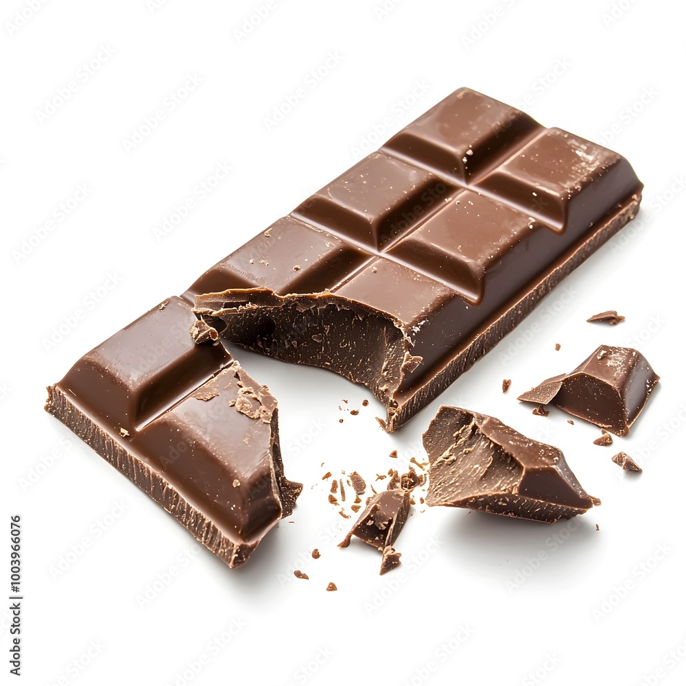 Gourmet Chocolate Bar with Satisfying Bite Isolated on White Background Gourmet Chocolate Bar with Satisfying Bite Isolated on White Background