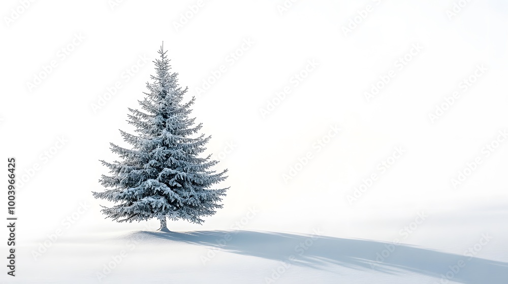 A Snow-Covered Pine Tree Stands Alone in a Wintery Landscape A Snow-Covered Pine Tree Stands Alone in a Wintery Landscape