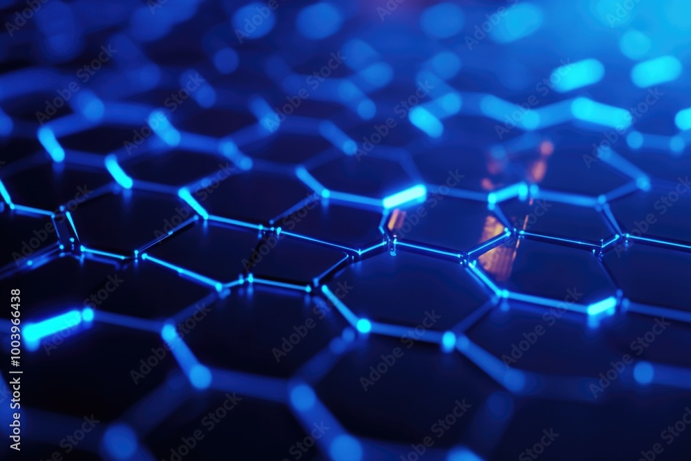 The image features a close-up view of an advanced computer component with blue hexagonal structures. This high-tech equipment represents the cutting edge of electronics and semiconductor design. The image features a close-up view of an advanced computer component with blue hexagonal structures. This high-tech equipment represents the cutting edge of electronics and semiconductor design.