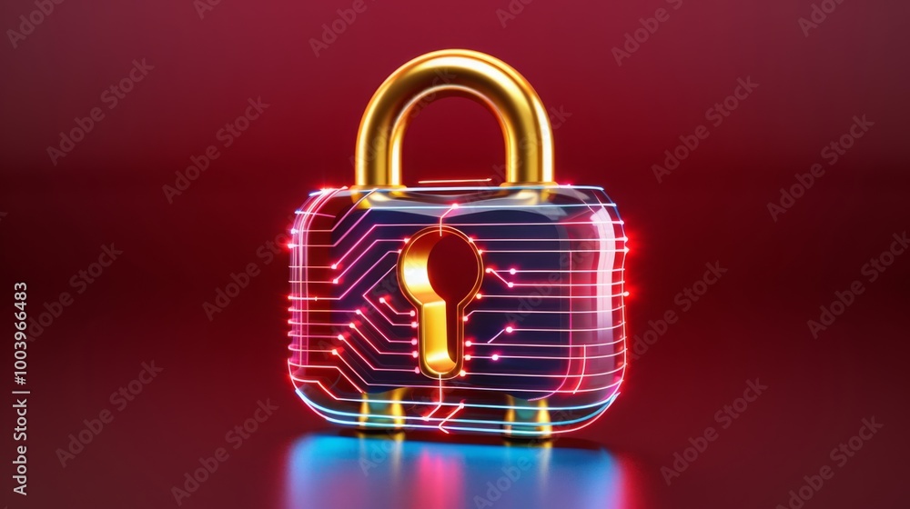 Digital Security and Protection Concept, golden 3d padlock with keyhole and circuit board patterns, symbolizing encryption, data protection, and modern cybersecurity technology. Digital Security and Protection Concept, golden 3d padlock with keyhole and circuit board patterns, symbolizing encryption, data protection, and modern cybersecurity technology.