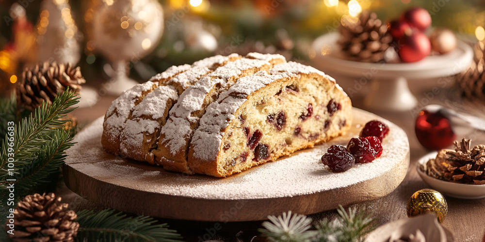 Traditional Christmas Stollen on Festive Table Traditional Christmas Stollen on Festive Table