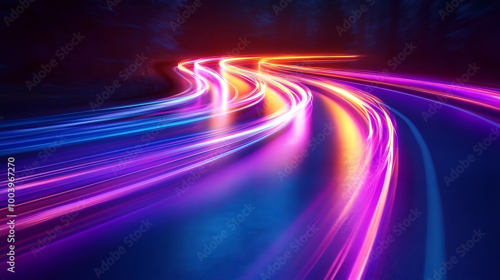 Neon road speed. Light abstract laser trace from the movement of cars. LED curves fast strips. Template for futuristic design. Neon road speed. Light abstract laser trace from the movement of cars. LED curves fast strips. Template for futuristic design.
