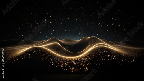 Abstract Digital Art,  Golden Light Wave and Particles on Black Background
