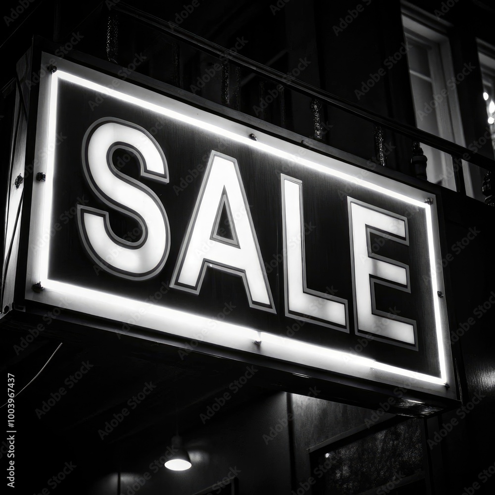 Fototapeta premium Brightly lit sale sign hanging above a storefront on a bustling street during the evening, attracting shoppers with its bold message
