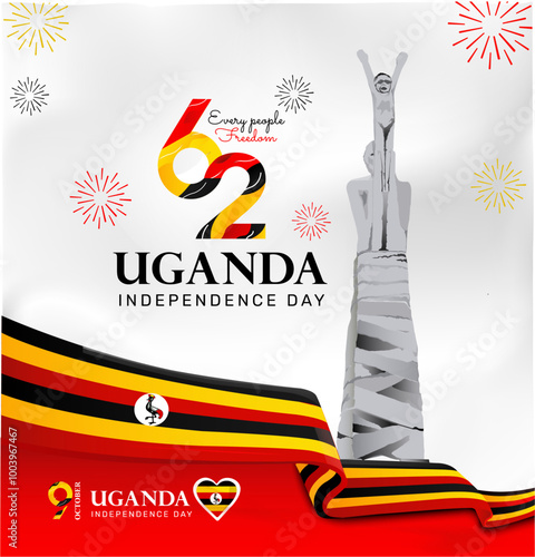 Logo banner design 62th the National Day Uganda ,happy independence day Uganda with flag ribbon ornament red, yellow, black color white isolated background vector illustration eps editable text
