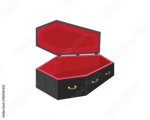 vector design of a black coffin with a red inside and the lid is open, there is also a cross symbol on the head of the coffin