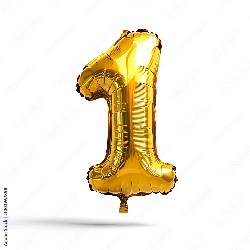 Fototapeta premium Shiny Gold Number 1 Balloon Floating Over Clean White Background
