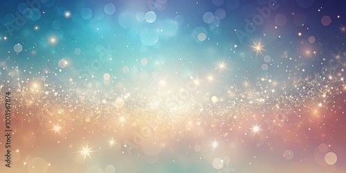 Abstract background with a gradient of blue, pink, and gold, featuring sparkling bokeh and scattered stars, ideal for holiday or celebration designs.