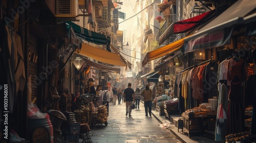 A bustling city street where one side is lined with luxury stores and the other with makeshift shelters.