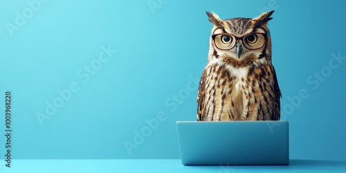 Wallpaper Mural Owl with glasses working on a laptop against a blue background in a cozy office setting Torontodigital.ca