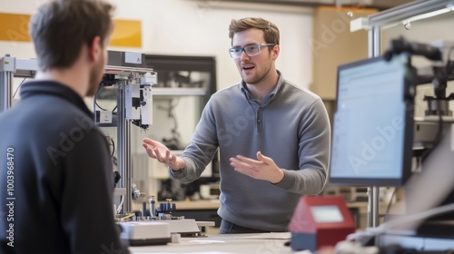 Two engineers discussing a project in a high-tech workshop during daylight hours to solve a technical challenge