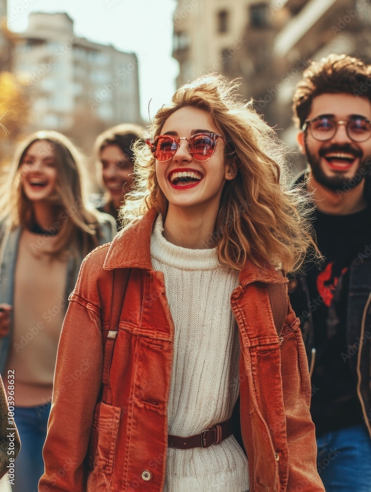 Happy group of young adults enjoying a walk together on a street in an urban environment, with casual clothing and modern trends evident. Happy group of young adults enjoying a walk together on a street in an urban environment, with casual clothing and modern trends evident.
