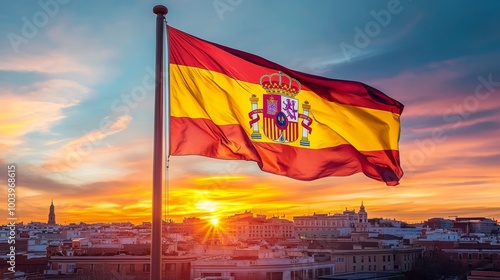 Spanish Sunset Majesty Vibrant Cityscape with Majestic Flag Fluttering in Golden Sunlight