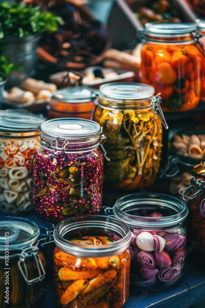 Variety of preserved items in jars, including pickles and condiments. Homemade canned goods with colorful labels. Variety of preserved items in jars, including pickles and condiments. Homemade canned goods with colorful labels.