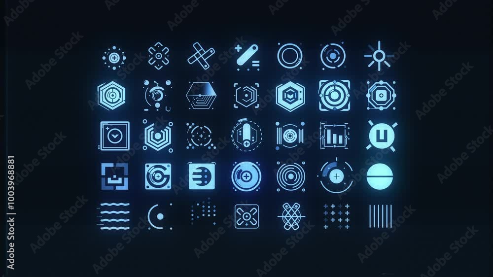 A set of animated digital control panel HUD icons in a glowing blue glitch style. A set of animated digital control panel HUD icons in a glowing blue glitch style.