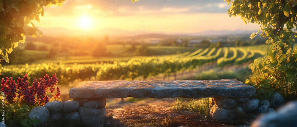 Obraz premium Scenic vineyard view at sunset with a stone bench, lush grapevines, and a serene landscape.