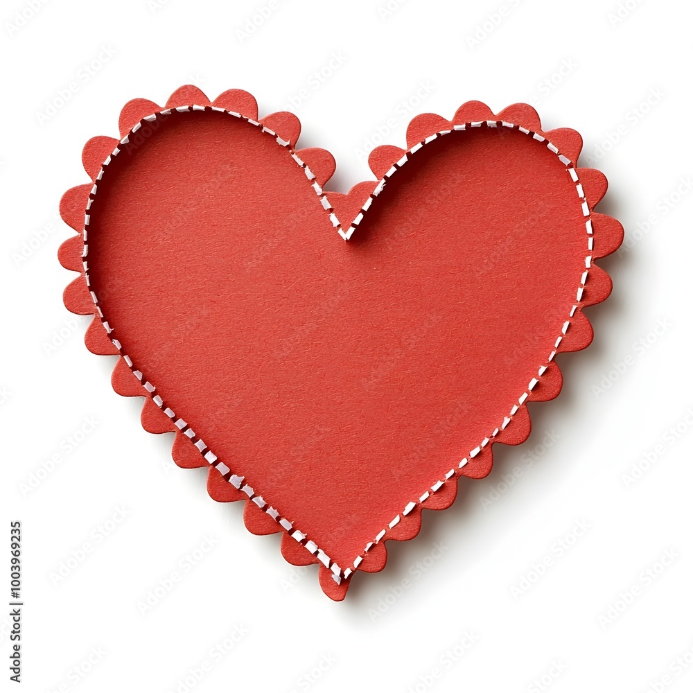 Vibrant Red Paper Heart Cutout with Scalloped Edges on White Background Vibrant Red Paper Heart Cutout with Scalloped Edges on White Background
