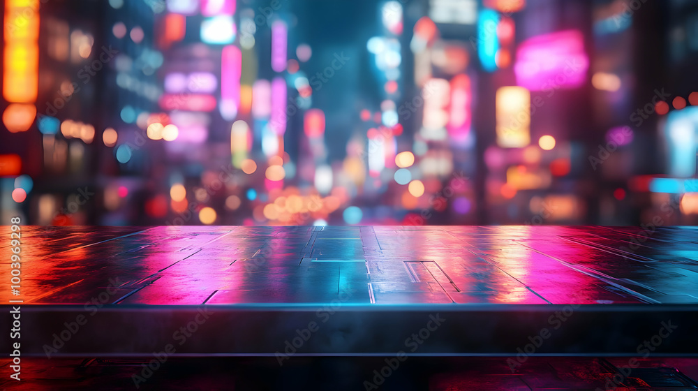 Vibrant cityscape at night with colorful neon lights illuminating a wet urban pavement. Vibrant cityscape at night with colorful neon lights illuminating a wet urban pavement.
