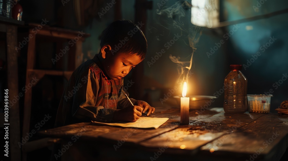 A child studying by the light of a candle in a small, dimly lit room, illustrating the impact of poverty on access to education. A child studying by the light of a candle in a small, dimly lit room, illustrating the impact of poverty on access to education.