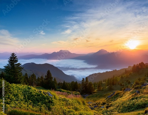 Scenic Mountain Landscape with Mist at Dusk in Late Summer