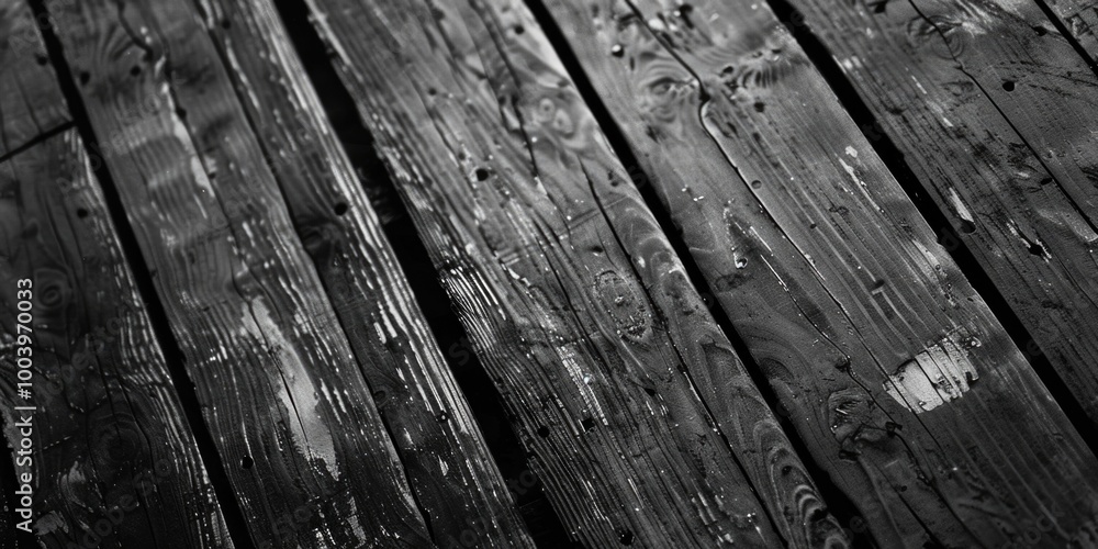 Wet wooden planks showing the effects of rain or water. Surface is damp and reflective, indicating recent exposure to moisture. Wet wooden planks showing the effects of rain or water. Surface is damp and reflective, indicating recent exposure to moisture.