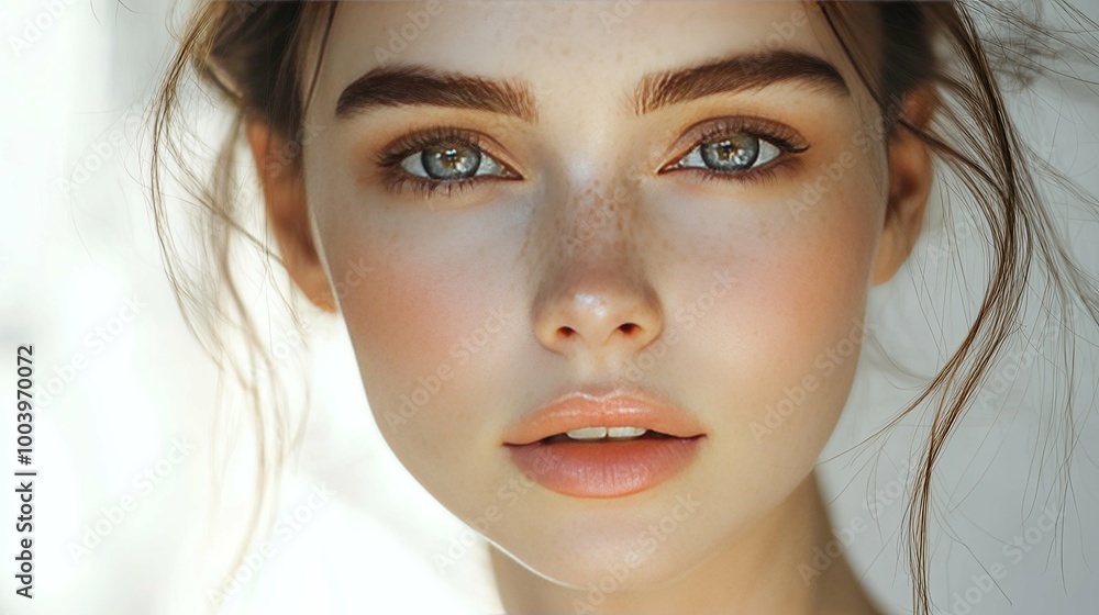 Close-up Portrait of a Young Woman with Freckles and Blue Eyes Close-up Portrait of a Young Woman with Freckles and Blue Eyes