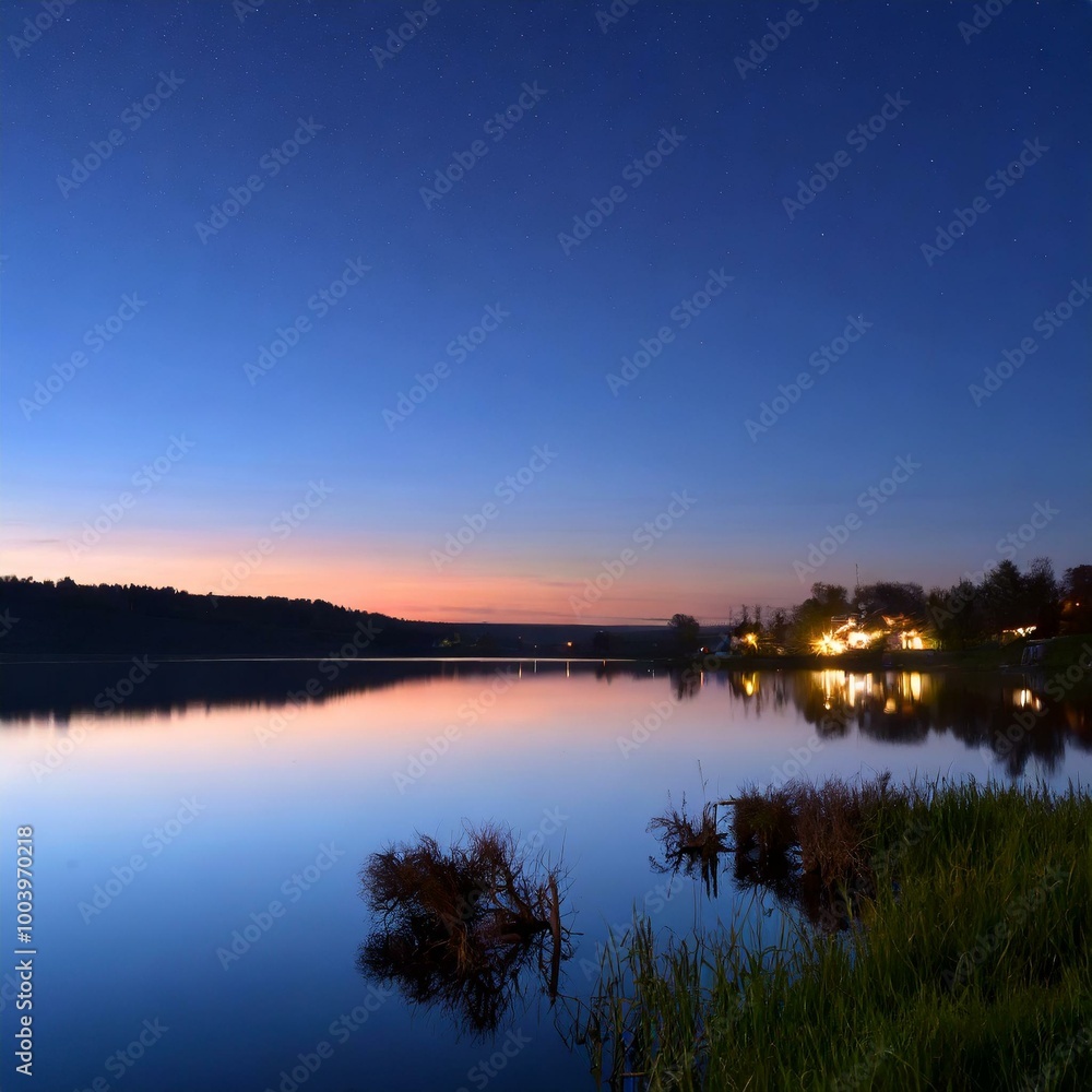 Obraz premium Tranquil Night Landscape: Serene Evening Views of the Lake and Blue Sky