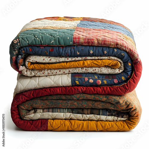 Cozy stacked patchwork quilts showcasing vibrant colors and patterns, perfect for adding warmth and charm to any room. photo