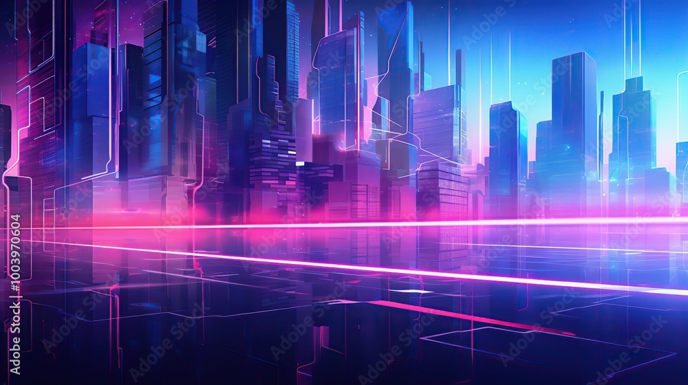Neon city skyline with glowing lights and futuristic cityscape. Abstract digital art, cyberpunk, neon, tech