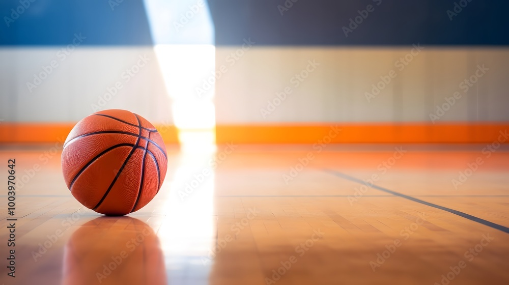 Basketball on a Wooden Court with a Light Stream. Basketball on a Wooden Court with a Light Stream.