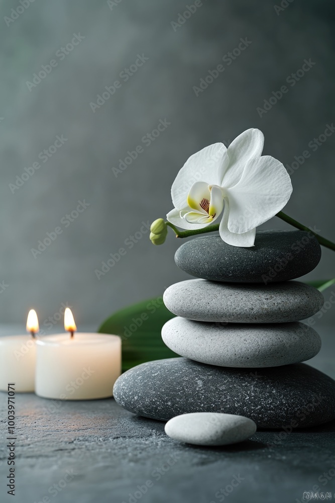This image depicts a tranquil meditation setup, symbolizing balance and focus. The stack of rocks is a traditional representation of stability in Zen philosophy, while the Phalaenopsis orchid This image depicts a tranquil meditation setup, symbolizing balance and focus. The stack of rocks is a traditional representation of stability in Zen philosophy, while the Phalaenopsis orchid