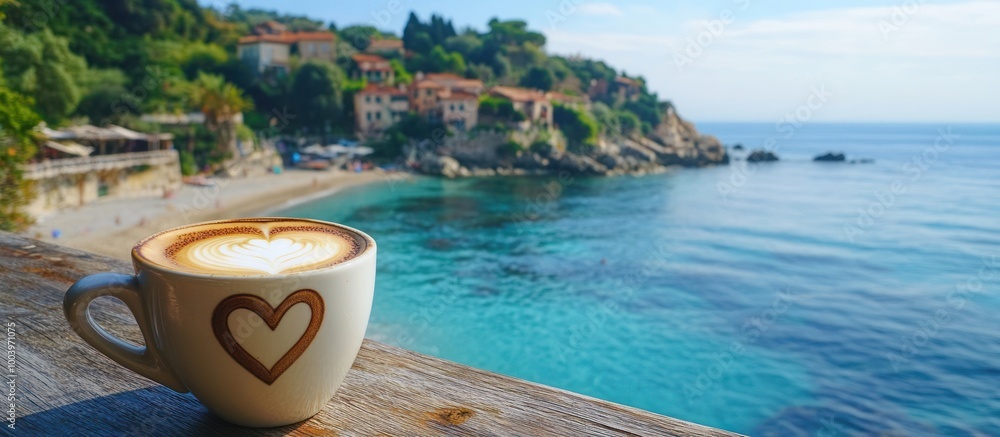A cup of cappuccino with heart shaped latte art on a wooden railing overlooking a beautiful turquoise ocean and beach with a small village in the background. A cup of cappuccino with heart shaped latte art on a wooden railing overlooking a beautiful turquoise ocean and beach with a small village in the background.