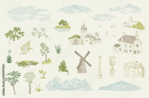 Set. Woodland. Architectural elements. Vector vintage illustration. Colorful. 