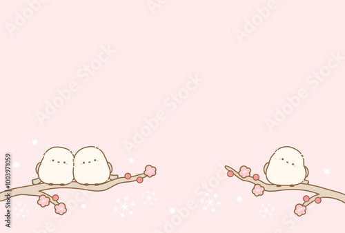 冬のシマエナガと雪と梅のベクターイラスト10