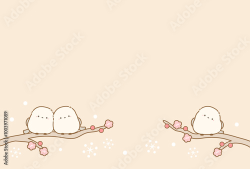 冬のシマエナガと雪と梅のベクターイラスト09