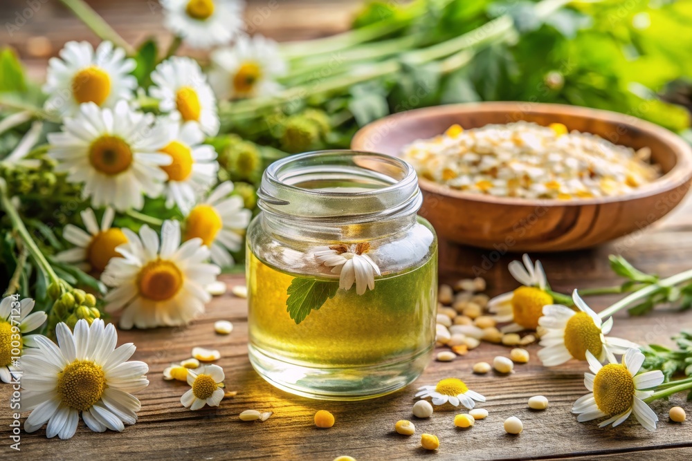 Chamomile Extract in Glass Jar Surrounded by Flowers Chamomile Extract in Glass Jar Surrounded by Flowers