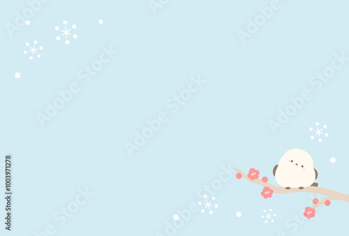 冬のシマエナガと雪と梅のベクターイラスト03